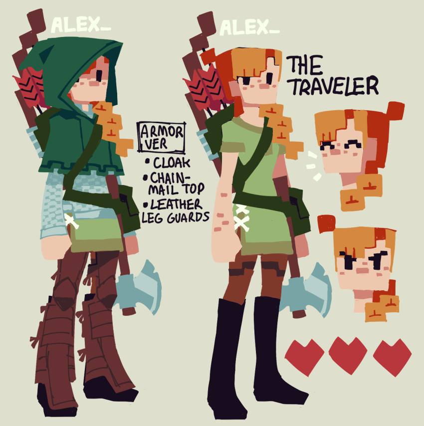 1girl alex_(minecraft) armor axe boots bow braid chainmail cloak english_text freckles heart highres hood leather_armor minecraft no_mouth orange_hair pouch quiver reference_sheet solo the_noodle_(onebadnoodle)