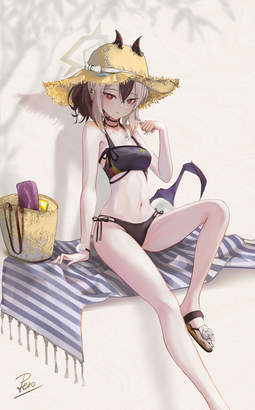 1girl absurdres alternate_costume bag bare_shoulders beach_towel bikini black_bikini black_hair blue_archive breasts bright_pupils choker ear_piercing foot_out_of_frame hair_between_eyes hand_up hat highres horns horns_through_headwear kayoko_(blue_archive) looking_at_viewer low_wings medium_hair multicolored_hair navel parted_lips peropicnic piercing red_eyes sandals shadow side-tie_bikini_bottom sidelocks signature single_wing sitting small_breasts solo straw_hat swimsuit towel two-tone_hair white_hair white_pupils wings