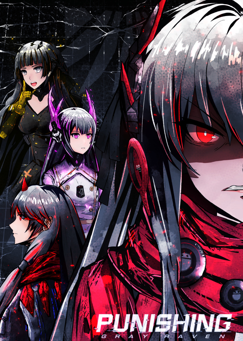 4girls absurdres alpha_(punishing:_gray_raven) angry black_dress black_hair c4tbug clenched_teeth dress grey_eyes grey_hair grey_theme hair_ornament headgear headphones highres horns jacket liv:_eclipse_(punishing:_gray_raven) liv_(punishing:_gray_raven) long_hair lucia:_crimson_abyss_(punishing:_gray_raven) lucia:_lotus_(punishing:_gray_raven) lucia_(punishing:_gray_raven) mechanical_arms multicolored_hair multiple_girls nanami:_storm_(punishing:_gray_raven) nanami_(punishing:_gray_raven) open_mouth parted_lips pink_eyes pink_jacket punishing:_gray_raven red_eyes red_hair red_horns red_scarf scarf shaded_face sidelocks streaked_hair teeth upper_teeth_only