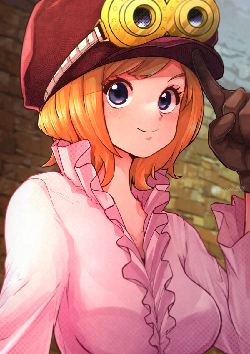 1girl aosora2823 blush breasts brick_wall brown_gloves cabbie_hat gloves goggles goggles_on_head hat highres koala_(one_piece) long_sleeves medium_breasts one_piece orange_hair pink_shirt shirt short_hair smile solo upper_body