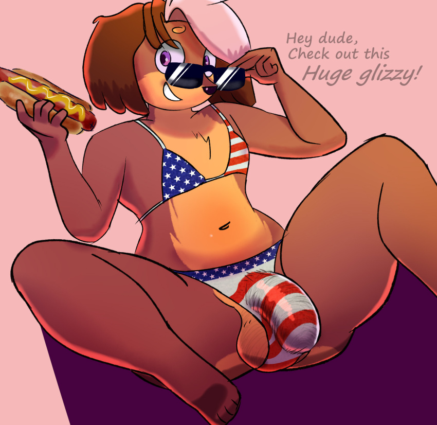 anthro balls bikini bikini_bottom bikini_top brown_body brown_fur brown_hair canid canine canis clothed clothing crossdressing dialogue domestic_dog english_text eyewear food fur genital_outline genitals girly hair half-erect hi_res highlights_(coloring) hot_dog humanoid_genitalia humanoid_penis looselou_art lou_(looselou_art) male mammal nonbinary_(lore) penis pink_background pink_highlights simple_background smile solo spread_legs spreading stars_and_stripes sunglasses swimwear text united_states_of_america wardrobe_malfunction wide_eyed