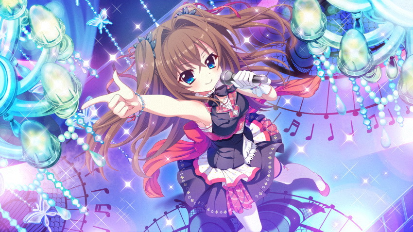 1girl armpits back_bow bangle bare_shoulders beads black_dress black_skirt blue_eyes bow bracelet brown_hair butterfly_ornament chandelier concert dot_nose dress film_grain finger_gun from_above game_cg glint holding holding_microphone idol idol_clothes izumi_tsubasu jewelry layered_skirt long_hair microphone musical_note non-web_source official_art plaid re:stage! red_bow shikimiya_aone short_dress skirt smile solo sparkle stage stage_lights thighhighs two_side_up white_thighhighs