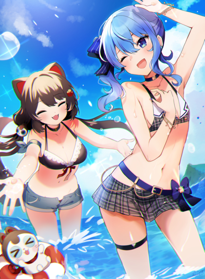 1girl 2girls animal_ears bare_shoulders bikini bikini_skirt bikini_under_clothes black_bikini black_choker blue_eyes blue_hair blue_ribbon blush breasts brown_hair choker closed_eyes collarbone day denim denim_shorts dog_ears dog_girl fangs hair_between_eyes hair_ornament hair_ribbon highres hololive hoshimachi_suisei inui_toko large_breasts long_hair looking_at_viewer low_twintails medium_hair multiple_girls navel nijisanji ocean one_eye_closed open_fly open_mouth outdoors plaid plaid_bikini ribbon shinomiya_shino_(sinosino141) short_shorts shorts side_ponytail small_breasts smile star_(symbol) star_in_eye swimsuit symbol_in_eye thigh_strap thighs twintails virtual_youtuber