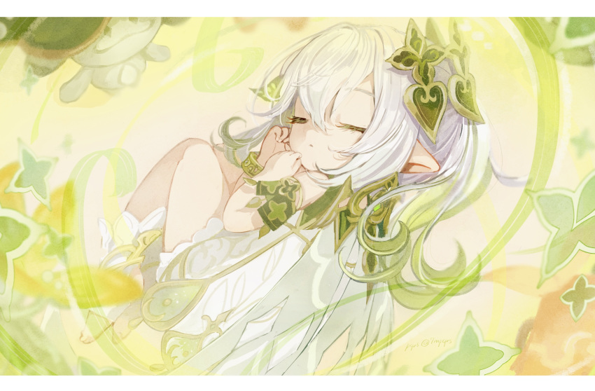 1girl 7mpqrs aranara_(genshin_impact) bracelet cape closed_eyes detached_sleeves dress fetal_position genshin_impact gradient_hair hair_ornament highres jewelry leaf_hair_ornament multicolored_hair nahida_(genshin_impact) pointy_ears sleeping sleeveless sleeveless_dress solo toeless_footwear white_cape white_hair