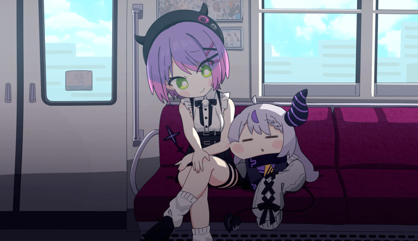 2girls bare_legs bench black_footwear black_horns blush_stickers braid braided_bangs building chibi city commentary crossed_legs demon_girl demon_horns demon_tail door english_commentary fake_horns green_eyes grey_hair hair_ornament handlebar hat highres hololive horned_headwear horns jirai_kei la+_darknesss la+_darknesss_(1st_costume) long_hair long_sleeves multicolored_hair multiple_girls picture_frame piercing pink_hair potato7192 purple_hair purple_horns short_sleeves sitting_on_bench skirt skyscraper sleeping smile streaked_hair striped_horns sweater tail tail_ornament tail_piercing tokoyami_towa tokoyami_towa_(jirai_kei) train train_interior very_long_hair virtual_youtuber window