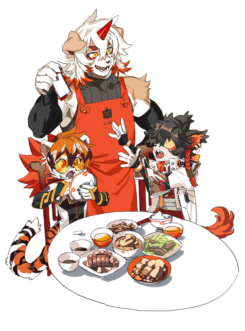 2021 5_fingers aak_(arknights) absurd_res anthro apron arknights athletic athletic_anthro athletic_male black_body black_fur black_hair canid canine canis cellphone chair chopsticks clothed clothing domestic_cat domestic_dog eating feet felid feline felis female fingers food fur furniture group hair hi_res holding_object holding_phone horn hung_(arknights) hypergryph male mammal multicolored_body multicolored_fur multicolored_hair orange_body orange_fur orange_hair pantherine phone plate simple_background sitting smartphone striped_body striped_fur stripes studio_montagne table tan_body tan_fur tiger trio waaifu_(arknights) white_body white_fur yellow_eyes yellow_sclera young yuyanshu13