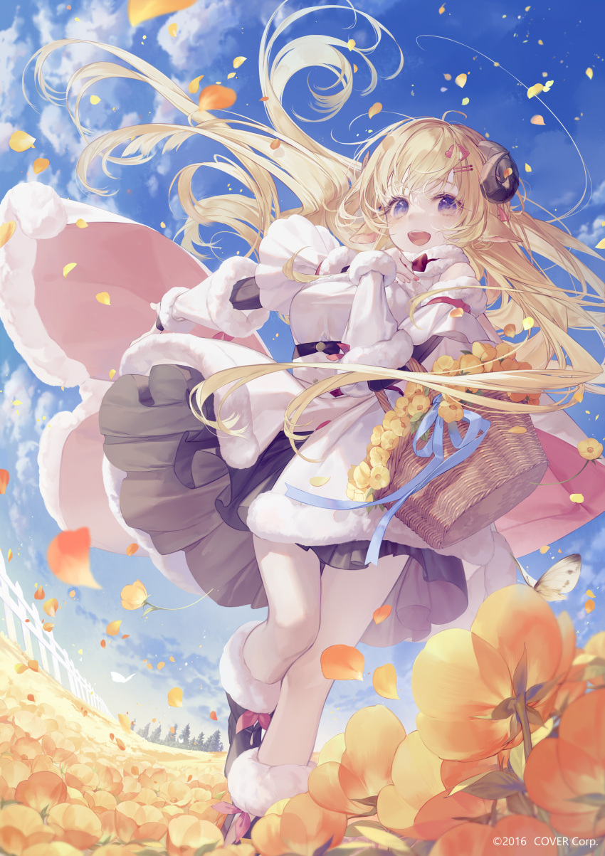 absurdres basket blonde_hair blue_sky bow cloud fence field flower flower_field fluffy highres hololive horns official_art petals pleated_skirt purple_eyes skirt sky tsunomaki_watame virtual_youtuber yoggi_(stretchmen)