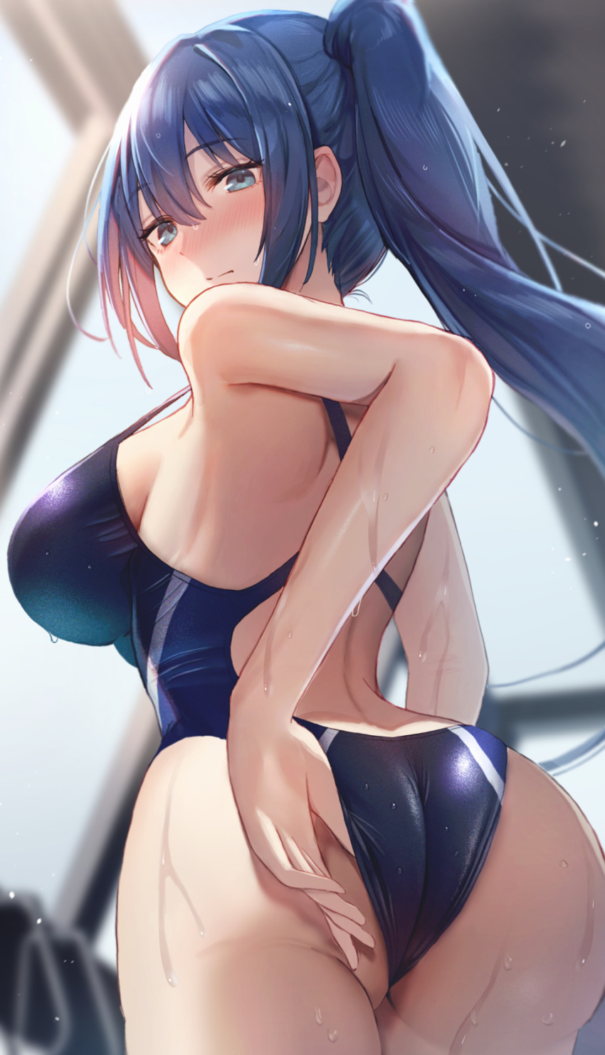 1girl adjusting_clothes adjusting_swimsuit aqua_eyes arms_behind_back ass back back_cutout bare_arms blue_hair blue_one-piece_swimsuit blurry blurry_background blush breasts closed_mouth clothing_cutout commentary commission cowboy_shot curvy depth_of_field eyelashes eyes_visible_through_hair fine_fabric_emphasis frown hair_between_eyes highres indoors large_breasts light_particles long_hair looking_down nose_blush one-piece_swimsuit original ray_mil68 side_ponytail sideboob sidelighting skeb_commission solo standing swimsuit symbol-only_commentary wet wet_clothes wet_swimsuit