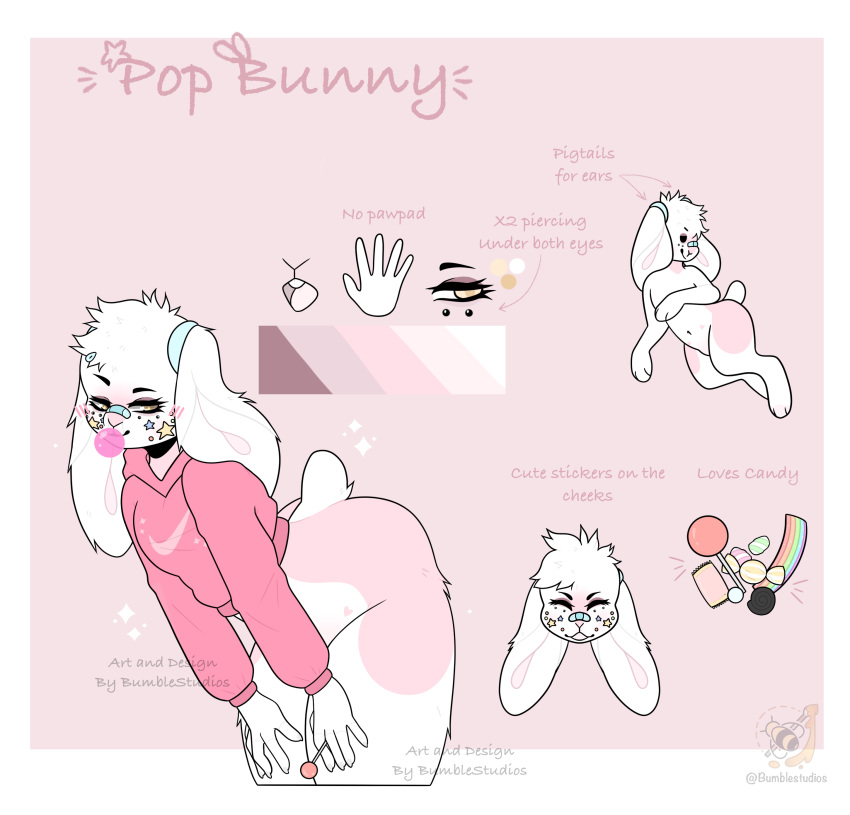 absurd_res anthro arched_back bent_over biped bottomless bottomless_male bubble_gum buckteeth bumblestudios candy choker clothed clothing dessert domestic_rabbit english_text eyebrows facial_piercing food fur girly hi_res jewelry lagomorph leporid lollipop lop_rabbit male mammal model_sheet multicolored_body multicolored_fur necklace open_mouth oryctolagus piercing pink_body pink_fur rabbit raised_eyebrow scut_tail short_tail signature solo sticker sweater tail teeth text topwear two_tone_body two_tone_fur white_body white_fur