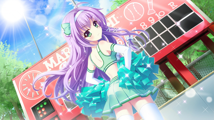 1girl ahoge analog_clock armpits ass back bare_shoulders blue_hairband blue_sky bow cheerleader clock cloud day dutch_angle elbow_gloves fence film_grain from_below game_cg gloves green_bow green_eyes green_skirt hair_bow hair_intakes hairband hands_on_own_hips hokaze_kanade izumi_tsubasu lens_flare long_hair looking_back midriff miniskirt non-web_source official_art outdoors pole pom_pom_(cheerleading) purple_hair re:stage! scoreboard shoulder_blades skirt sky solo sparkle sun thighhighs tree very_long_hair white_gloves white_thighhighs zettai_ryouiki
