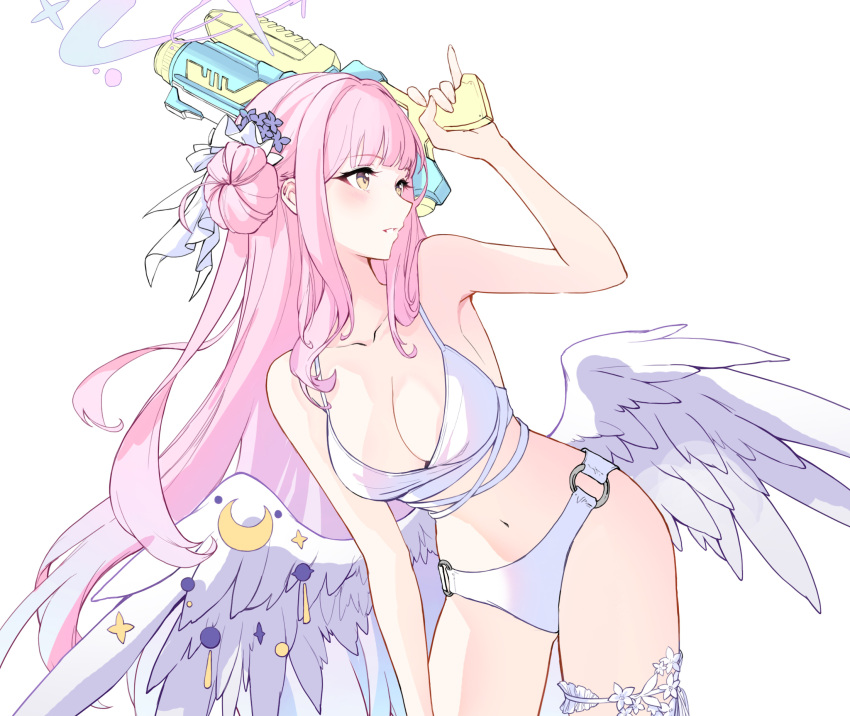 1girl bikini blue_archive blush breasts cleavage feathered_wings flower gradient_hair hair_bun hair_flower hair_ornament halo highres holding large_breasts long_hair low_wings mika_(blue_archive) minj_kim multicolored_hair o-ring o-ring_bikini orange_eyes parted_lips pink_hair pinky_out purple_flower simple_background single_side_bun solo swimsuit thigh_strap very_long_hair water_gun white_background white_bikini white_wings wing_ornament wings