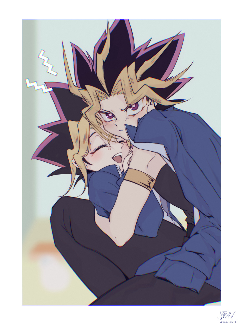 2boys absurdres black_hair blonde_hair closed_eyes commentary_request frown highres holyspade hug looking_at_viewer male_focus medium_hair multicolored_hair multiple_boys mutou_yuugi red_eyes red_hair smile yami_yuugi yu-gi-oh! yu-gi-oh!_duel_monsters