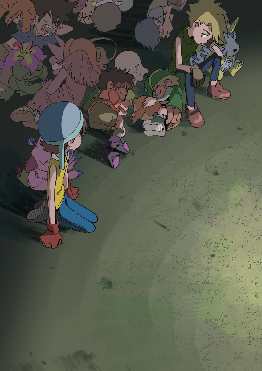 3girls 5boys 6+others absurdres agumon blonde_hair brown_footwear brown_gloves brown_hair closed_eyes denim digimon digimon_adventure gabumon gloves helmet highres ishida_yamato izumi_koushirou jeans kido_jou multiple_boys multiple_girls multiple_others open_mouth palmon pants patamon piyomon poyomon red_gloves sleeping takenouchi_sora tantanmen teeth yagami_hikari yagami_taichi