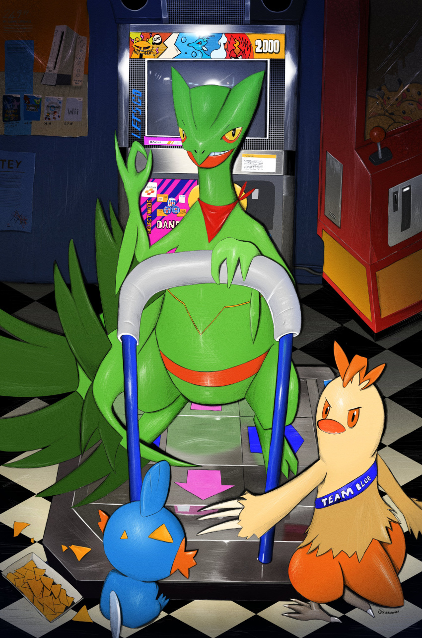 absurdres arcade bandana camera_flash combusken doritos game_console highres kikkiku629 looking_at_viewer mudkip nachos pikachu pokemon pokemon_(creature) poster_(object) sceptile stuffed_toy tile_floor tiles