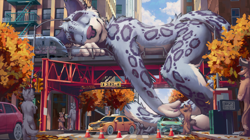 absurd_res amazing_background anthro bovid bovine canid canine car cattle city detailed detailed_background eyes_closed felid female group hi_res macro male mammal mestisoart pantherine snow_leopard train vehicle