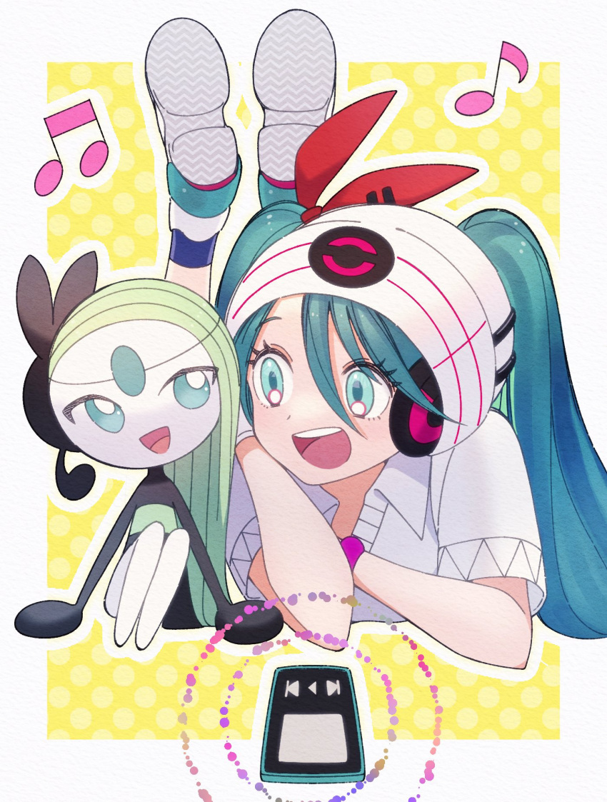 1girl :d beanie border collared_shirt commentary_request crossover eyelashes feet_up green_eyes green_hair hair_between_eyes hat hatsune_miku highres kana_(kanna_runa0620) long_hair lying meloetta musical_note on_stomach open_mouth pokemon pokemon_(creature) shirt shoe_soles short_sleeves smile teeth tongue twintails upper_teeth_only vocaloid white_border white_headwear white_shirt yellow_background