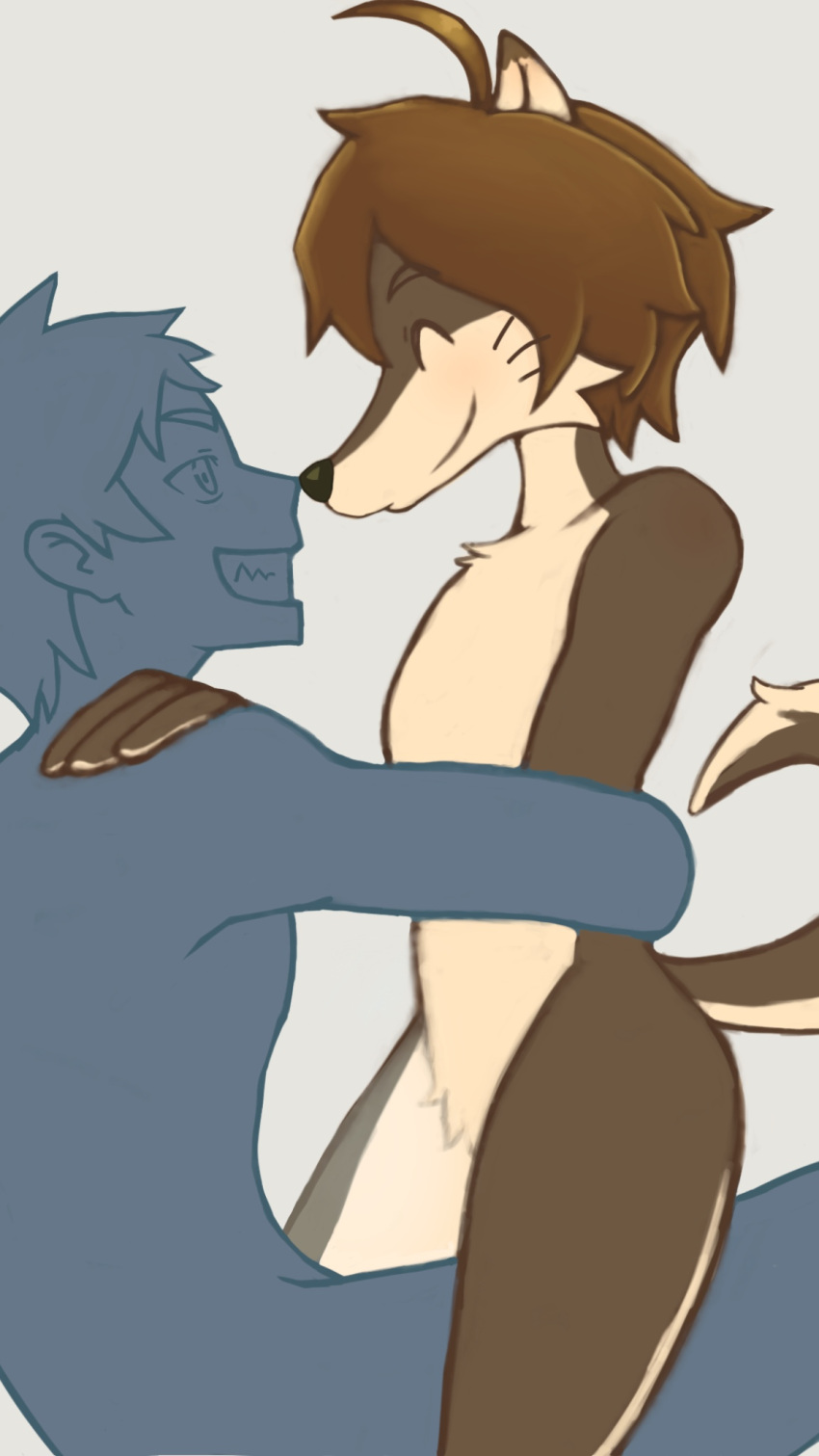 ahoge brown_body brown_fur brown_hair canid canine canis eyes_closed featureless_crotch fur hair hi_res hiroyuki_(morenatsu) human male male/male mammal morenatsu nose_to_nose nude shun_(morenatsu) smile totoken wolf