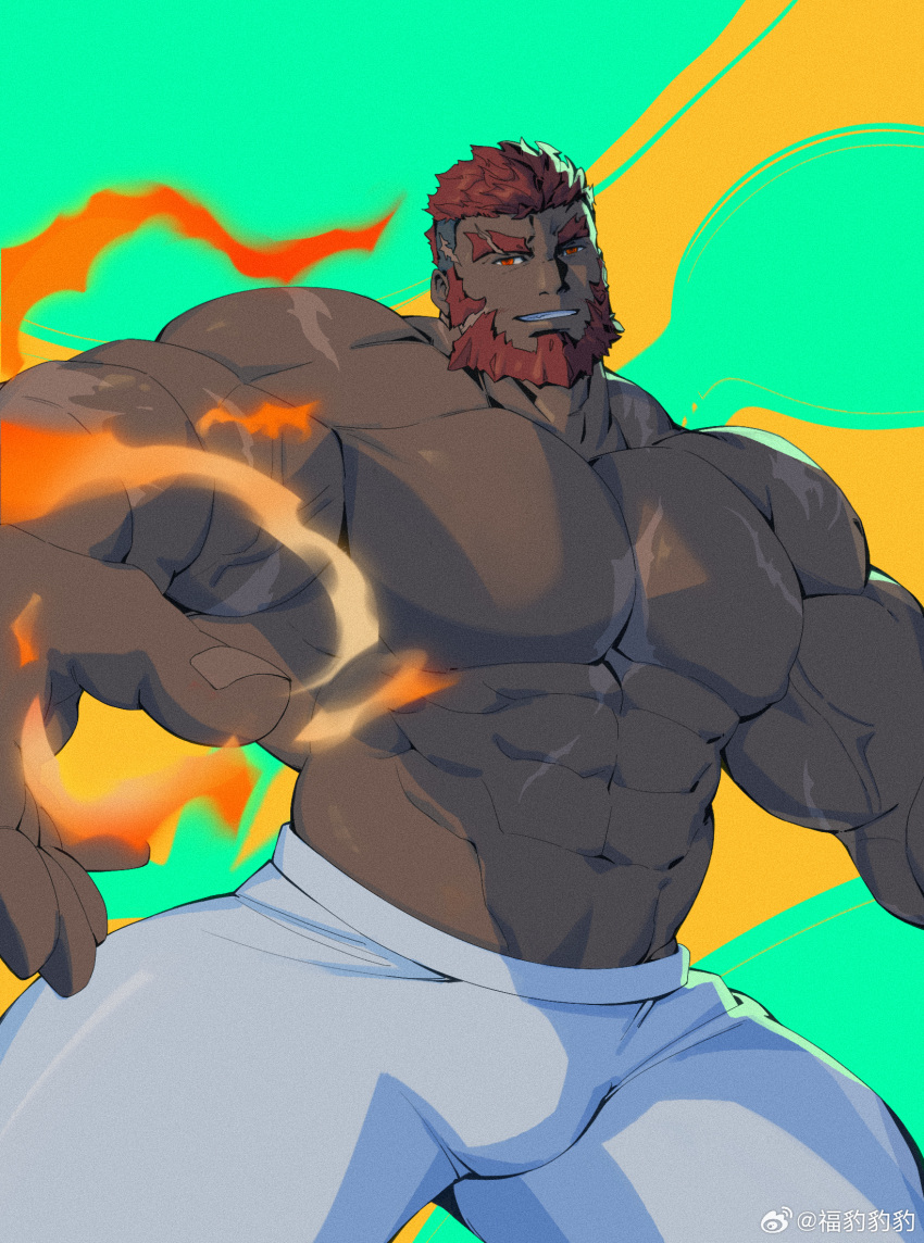 1boy abs artist_request bara beard bulge dark-skinned_male dark_skin eyebrow_cut facial_hair fire flaming_eye flaming_hand hephaestus_(housamo) highres huge_pectorals looking_at_viewer male_focus mature_male muscular muscular_male navel nipples no_nipples pyrokinesis red_eyes scar scar_on_chest seductive_smile short_hair smile solo stomach strongman_waist thick_eyebrows thick_thighs thighs tokyo_afterschool_summoners topless_male very_dark_skin