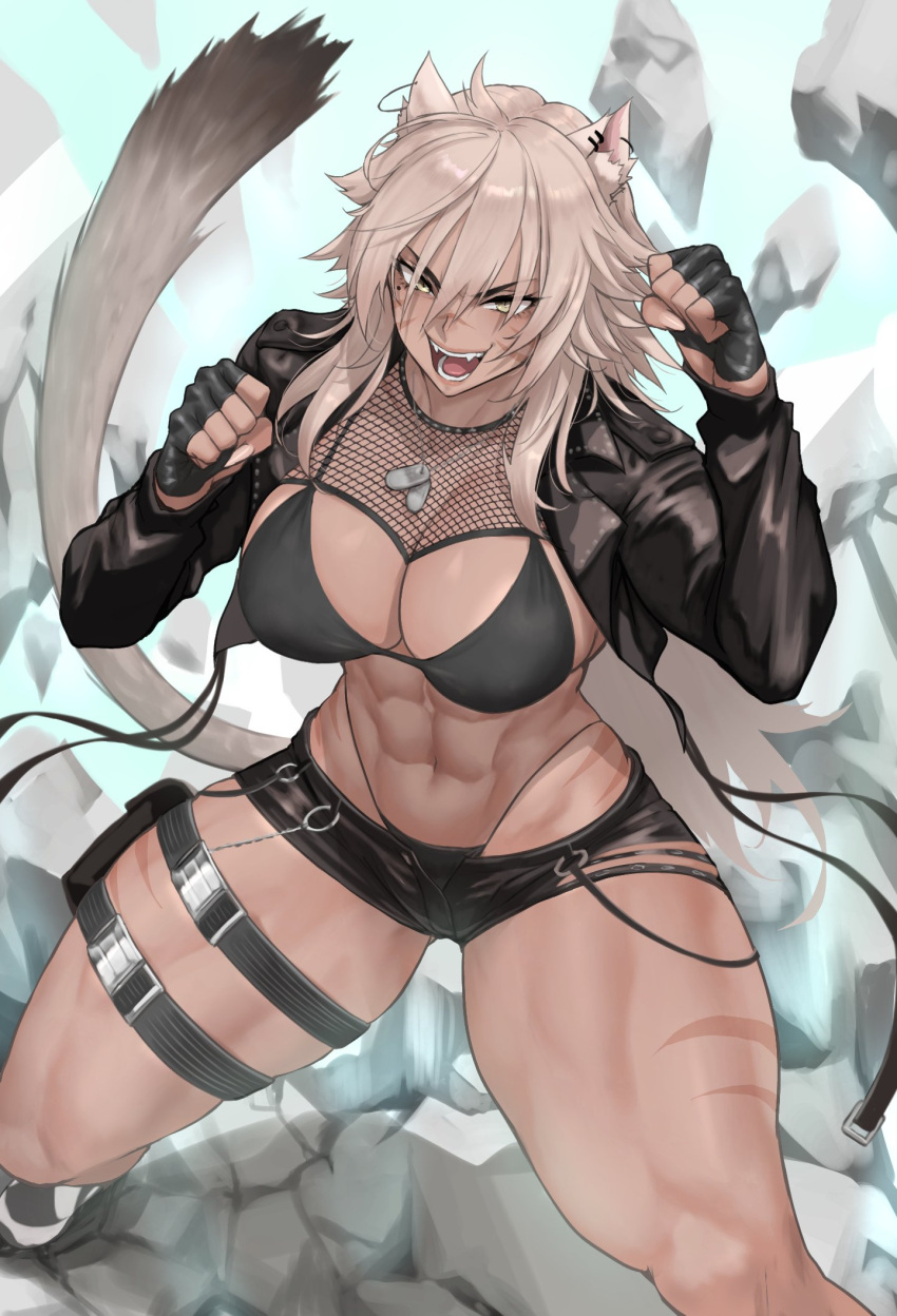 1girl abs anagumasan animal_ears bikini bikini_under_shorts black_bikini black_gloves black_jacket black_shorts breasts broken_ground clenched_teeth commission cropped_jacket dark-skinned_female dark_skin debris dog_tags ear_piercing english_commentary fangs fingerless_gloves fishnet_top fishnets gloves grey_hair highleg highres jacket large_breasts long_hair looking_at_viewer micro_shorts mole mole_under_eye muscular muscular_female navel o-ring open_fly open_mouth original piercing scar scar_on_cheek scar_on_face scar_on_leg scar_on_nose second-party_source shorts smile solo stomach swimsuit tail teeth thick_thighs thigh_strap thighs very_long_hair white_footwear yellow_eyes