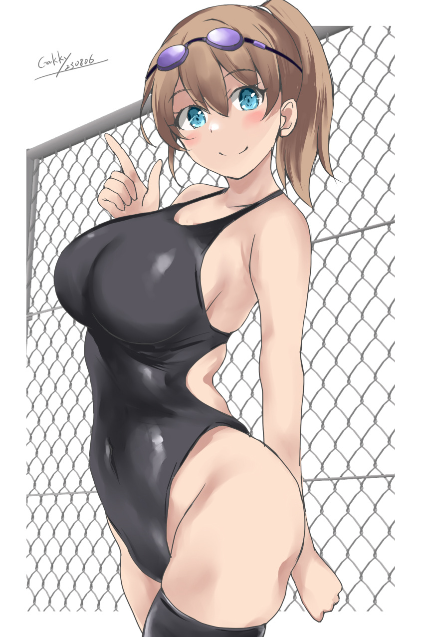 1girl black_one-piece_swimsuit black_thighhighs breasts brown_eyes chain-link_fence covered_navel fence gakky goggles goggles_on_head green_eyes highleg highleg_swimsuit highres index_finger_raised intrepid_(kancolle) kantai_collection large_breasts looking_at_viewer medium_hair one-hour_drawing_challenge one-piece_swimsuit ponytail simple_background solo swimsuit thighhighs white_background