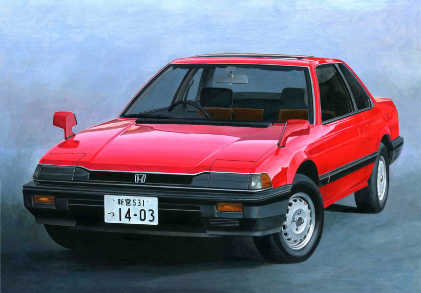 ape_(logo1113) blue_background car commentary highres honda honda_prelude license_plate motor_vehicle no_humans original painting_(medium) realistic rear-view_mirror red_car right-hand_drive steering_wheel traditional_media vehicle_focus