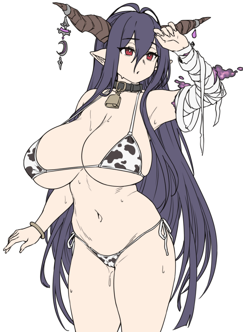 1girl animal_print antenna_hair bandaged_arm bandages bare_shoulders bikini black_hair blush breasts cleavage collar collarbone cow_print danua draph granblue_fantasy highres horn_ornament horns houtengeki large_breasts long_hair looking_to_the_side navel pointy_ears solo swimsuit thighs white_background white_bikini