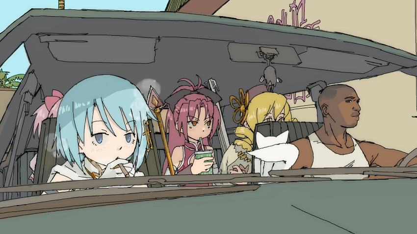 1boy 4girls absurdres akemi_homura bald blonde_hair blue_eyes blue_hair bow cape car_interior car_seat carl_johnson character_charm drill_hair drink drinking drinking_straw driving gloves grand_theft_auto grand_theft_auto:_san_andreas hair_bow hair_ornament highres holding holding_drink kaname_madoka kyubey left-hand_drive long_hair magical_girl mahou_shoujo_madoka_magica medium_hair miki_sayaka multiple_girls pantsu-ripper pink_hair polearm ponytail red_eyes red_hair sakura_kyoko smoking spear tank_top tomoe_mami twin_drills twintails weapon white_tank_top yellow_eyes