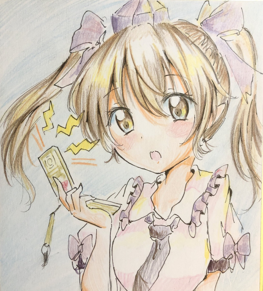 1girl cellphone graphite_(medium) hat highres himekaidou_hatate holding holding_phone looking_at_object medium_hair necktie open_mouth orya_422 phone purple_headwear solo surprised tokin_hat touhou traditional_media twintails upper_body