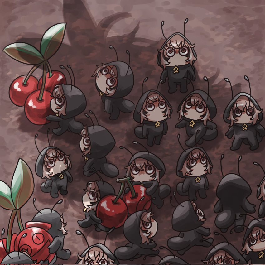 6+girls ant ant_costume antennae berry black_eyes brown_eyes brown_hair bug clone crossed_bangs dirt feathers gaecho_123 highres hololive hololive_english looking_up mini_person minigirl multicolored_hair multiple_girls nanashi_mumei shadow streaked_hair virtual_youtuber