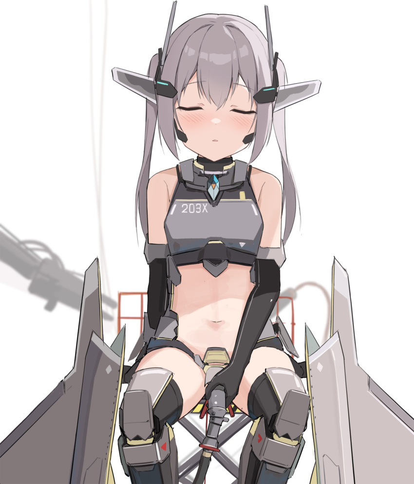 1girl absurdres bare_shoulders blush closed_eyes elbow_gloves gloves grey_hair headgear highres j-20 long_hair mecha_musume navel original parted_lips personification refueling shasha_(shasha159357) solo thighhighs twintails