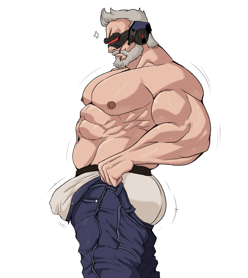 1boy abs anger_vein artist_request ass ass_lift bara beard bouncing_ass bulge bulge_lift denim dressing eye_mask facial_hair feet_out_of_frame from_side grey_hair highres i've_never_seen_a_guy_recreate_this_successfully_tbh_(meme) jeans large_pectorals male_focus male_underwear meme motion_lines muscular muscular_male nipples old old_man open_pants overwatch overwatch_2 paid_reward_available pants pants_lift pectorals scar short_hair soldier:_76_(overwatch) solo stomach thick_arms topless_male undersized_clothes underwear white_male_underwear