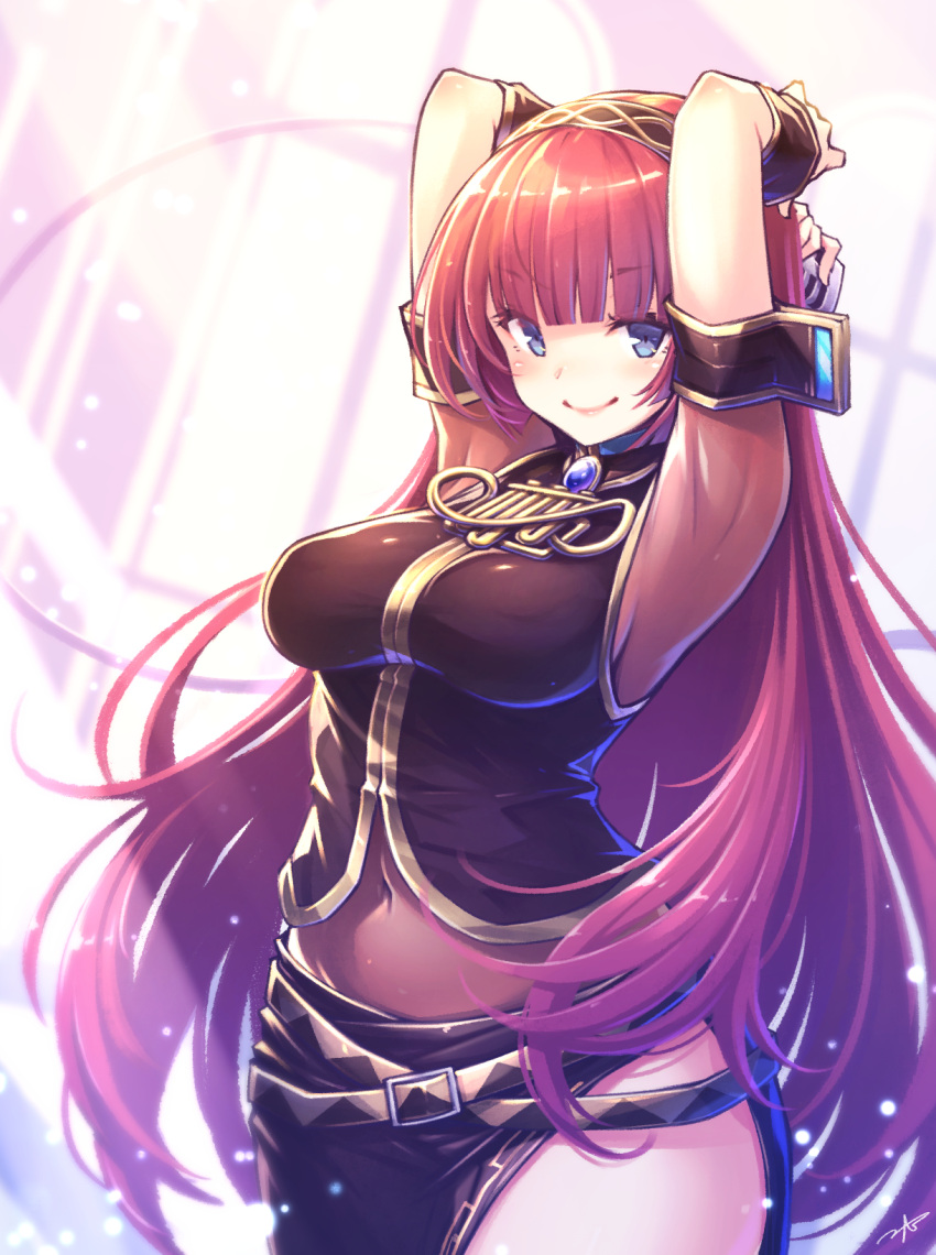 1girl armpits arms_behind_head arms_up belt blue_eyes breasts covered_navel gogatsu_no_renkyuu hairband highres large_breasts long_hair looking_at_viewer megurine_luka navel red_hair side_slit skirt smile solo very_long_hair vocaloid