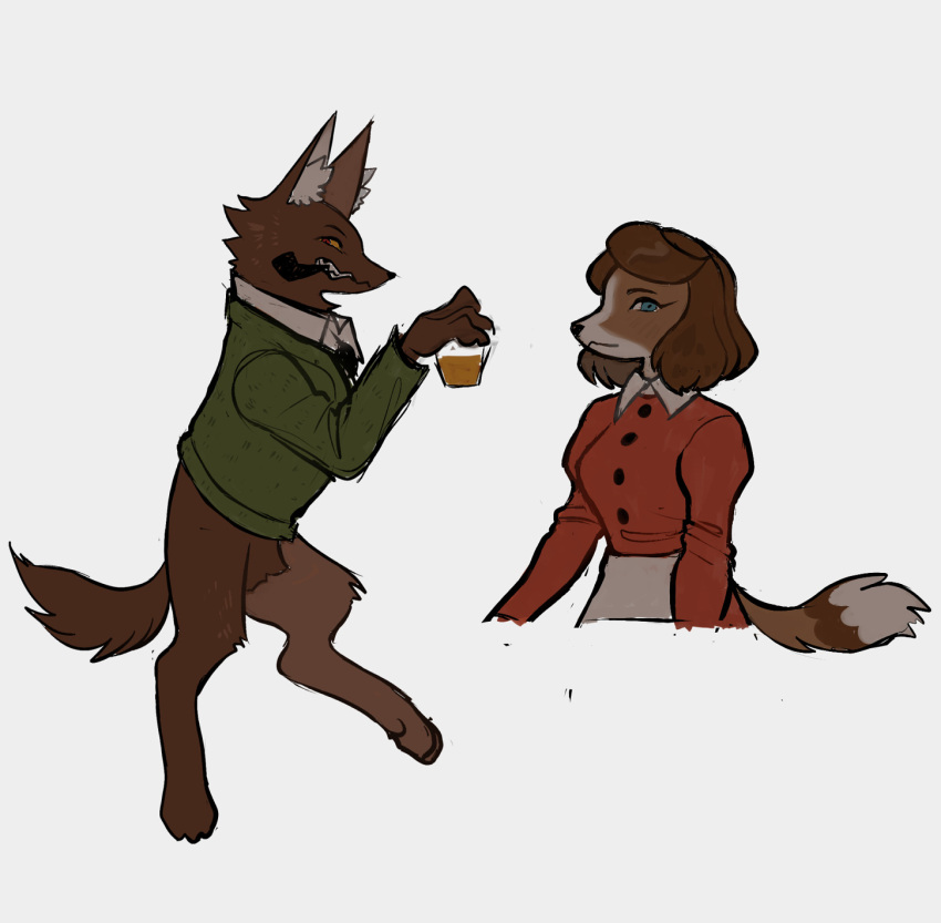 alternate_species anthro beverage bloberta_puppington bottomless brown_body brown_fur brown_hair canid canine canis clay_puppington clothed clothing container crotch_tuft cup domestic_dog duo female fur furrification glass glass_container glass_cup hair hi_res hindpaw holding_object inner_ear_fluff male mammal moral_orel paws poisonraze prick_ears shirt smoking_pipe snout sweater tail topwear tuft wolf