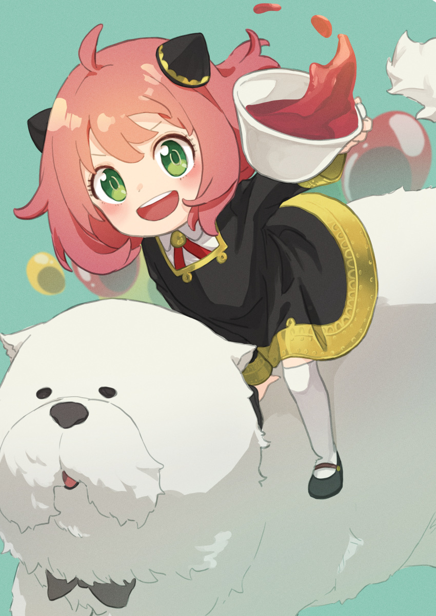 1girl :d absurdres anya_(spy_x_family) black_bow black_bowtie black_dress bond_(spy_x_family) bow bowtie cup dog dress eden_academy_school_uniform green_eyes hairpods highres holding holding_cup looking_at_viewer medium_hair open_mouth pink_hair riding riding_animal sabatabetaino school_uniform smile spy_x_family tea teacup