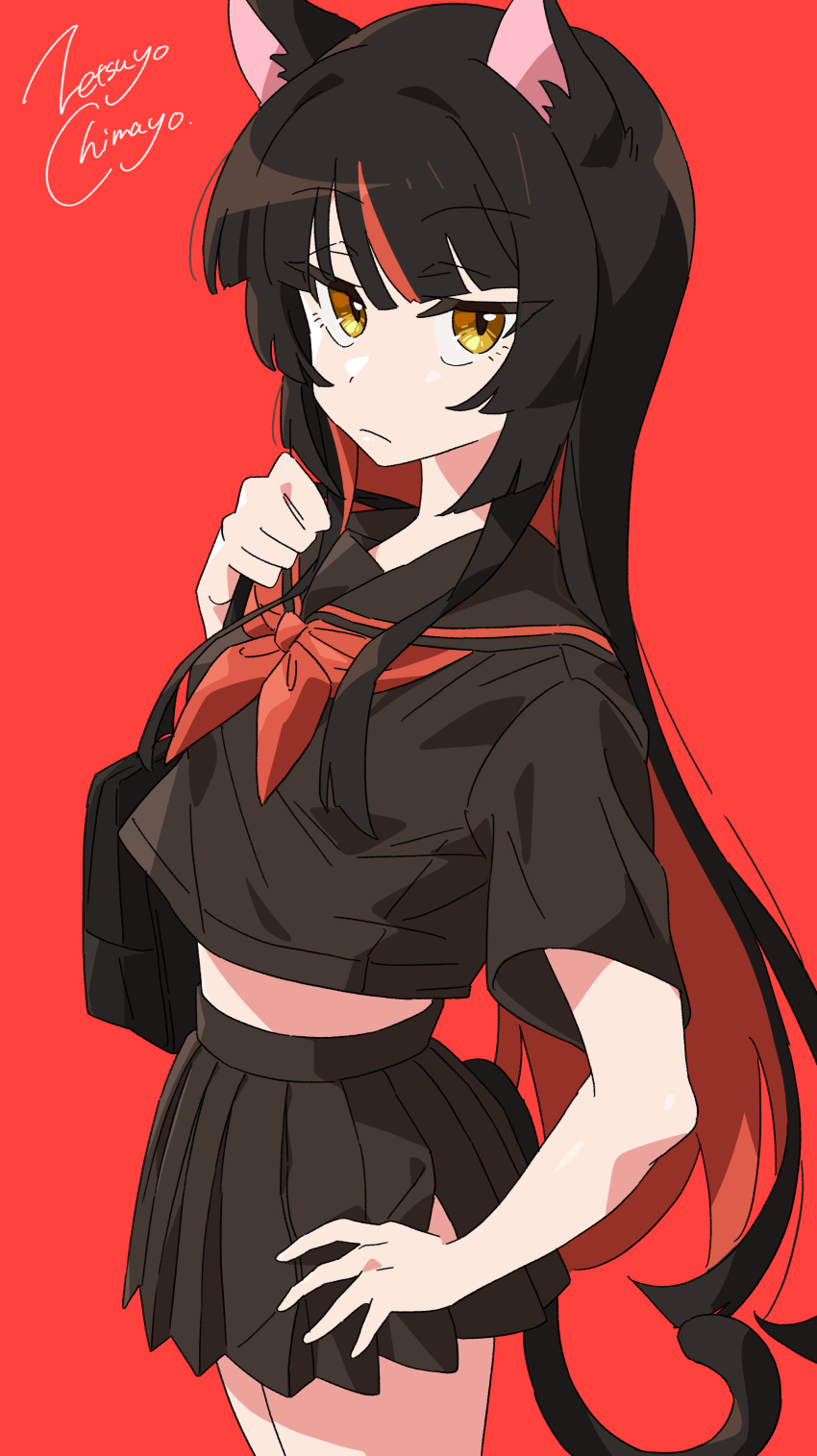 1girl absurdres animal_ears black_hair black_sailor_collar black_serafuku black_shirt black_skirt blush cat_ears cat_girl cat_tail colored_inner_hair hair_ornament hairclip hand_on_own_hip highres long_hair looking_at_viewer midriff multicolored_hair neckerchief original pleated_skirt red_hair red_neckerchief sailor_collar school_uniform serafuku shirt skirt solo stomach tail yellow_eyes zetsuyo_chimayo