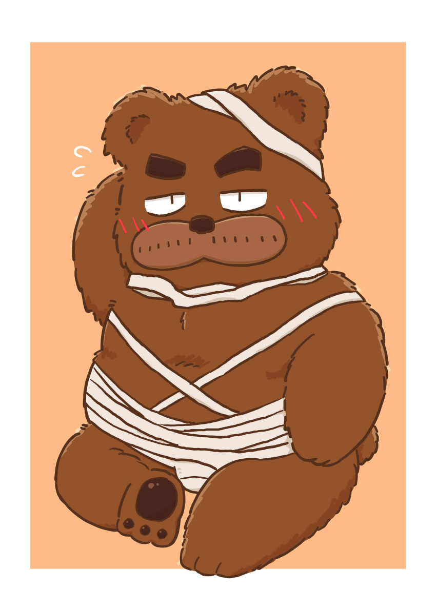 2023 absurd_res anthro bear blush brown_body brown_fur chibi fur gensuke halloween halloween_costume hi_res holidays kemono kumalino male mammal mummy_costume overweight overweight_male roast_(kumalino) sanrio simple_background sitting solo