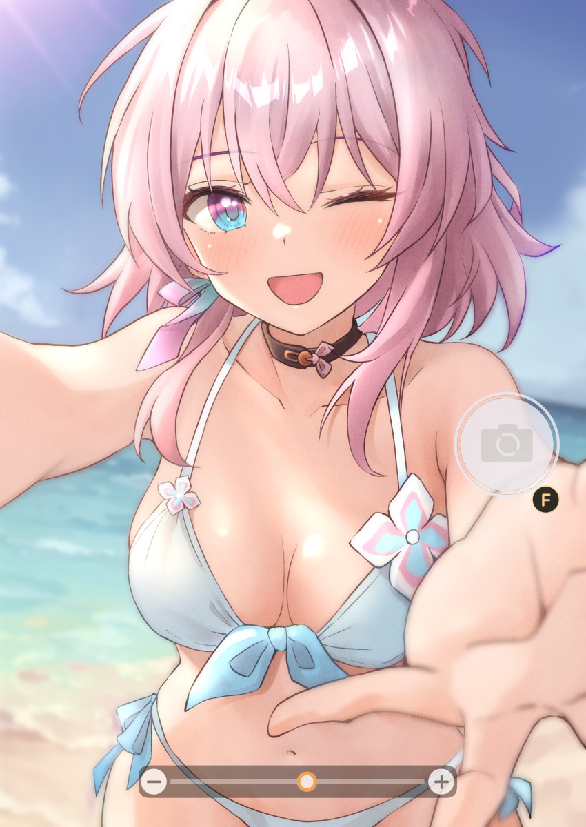 1girl ;d absurdres b1ack_illust beach bikini black_choker blue_eyes blurry blurry_background blush breasts choker cleavage collarbone commentary cowboy_shot depth_of_field earrings hair_between_eyes highres honkai:_star_rail honkai_(series) jewelry march_7th_(honkai:_star_rail) medium_breasts medium_hair one_eye_closed open_hand open_mouth outstretched_arm pink_eyes pink_hair selfie single_earring smile solo swimsuit two-tone_eyes user_interface