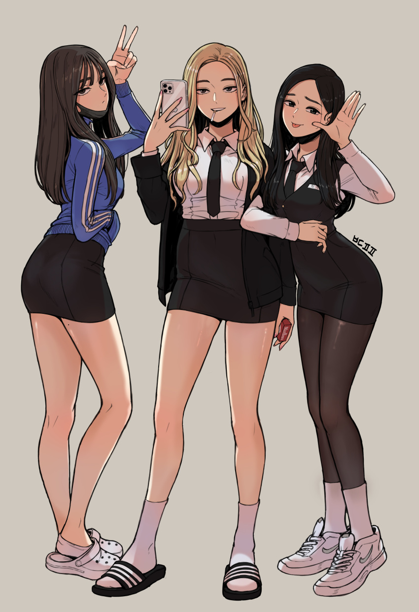 3girls absurdres bdpp beautiful_gunbari black_eyes black_jacket black_necktie black_skirt blonde_hair blue_jacket breasts cellphone cho_ye-ryeong crocs hand_in_pocket hand_up highres jacket long_sleeves mask mask_removed medium_breasts mole mole_under_eye mouth_hold mouth_mask multiple_girls necktie pantyhose phone sandals shoes skirt sneakers socks standing tongue tongue_out v white_footwear white_socks