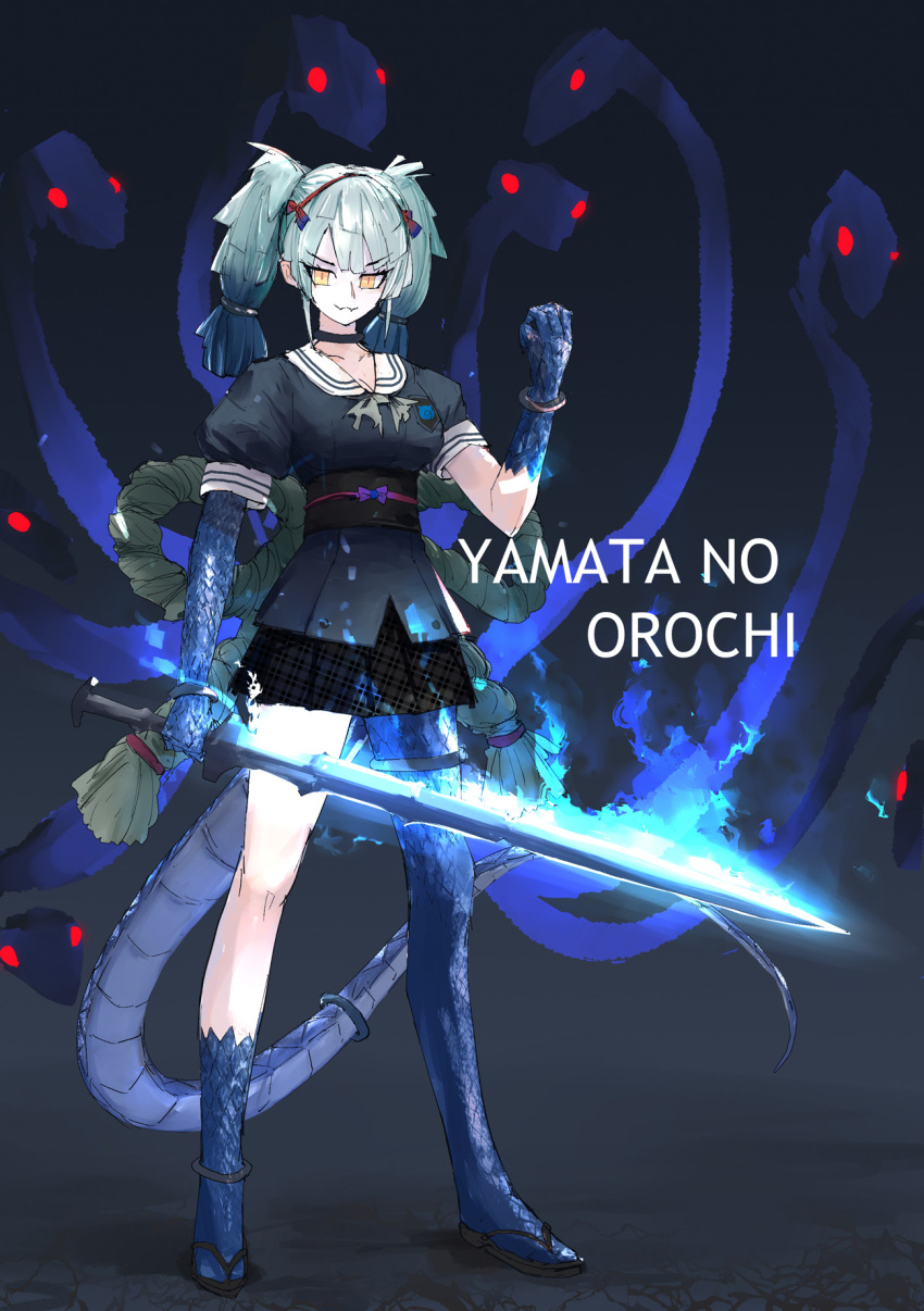 1girl :3 arm_at_side blue_eyes blue_fire character_name closed_mouth fangs fangs_out fire flaming_weapon full_body glowing glowing_eyes green_hair hairband hand_up highres holding holding_sword holding_weapon kemono_friends legs_apart long_hair looking_at_viewer low-tied_long_hair miniskirt monster_girl multicolored_hair neckerchief parted_bangs plaid plaid_skirt puffy_short_sleeves puffy_sleeves sailor_collar sandals scales school_uniform serafuku shirt short_sleeves skirt smile solo standing sword tail twintails v-shaped_eyebrows weapon yamata_no_orochi_(kemono_friends) yappa_muri yellow_eyes