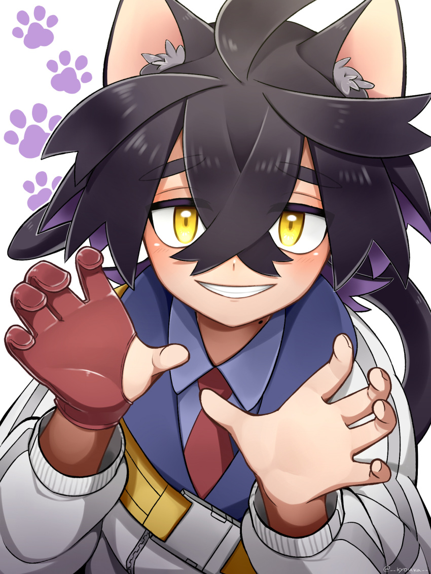 1boy ahoge animal_ear_fluff animal_ears black_hair blue_shirt collared_shirt colored_inner_hair commentary_request crossed_bangs gloves grin hair_between_eyes hands_up highres jacket kieran_(pokemon) kyouka._(kyouka) looking_at_viewer male_focus mole mole_on_neck multicolored_hair necktie partially_fingerless_gloves paw_print pokemon pokemon_(game) pokemon_sv red_gloves red_necktie shirt single_glove smile solo teeth upper_body white_background yellow_eyes