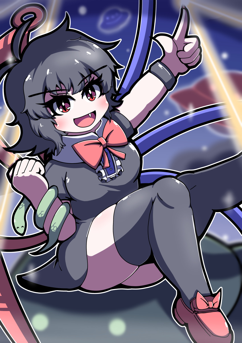 1girl :d absurdres antenna_hair black_dress black_hair black_thighhighs blue_wings blush bow bowtie breasts buttons center_frills commentary_request dress eyelashes fang foot_out_of_frame footwear_bow frilled_dress frills highres houjuu_nue index_finger_raised looking_at_viewer medium_bangs medium_breasts nue_day open_mouth outline pointing pointing_up red_bow red_bowtie red_eyes red_wings short_dress short_hair short_sleeves smile snake solo thighhighs touhou ufo white_outline wings wizjuice wristband