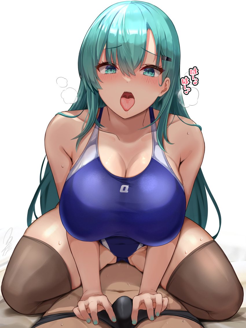 1boy 1girl aqua_hair ass_visible_through_thighs bare_shoulders blush breasts bulge cleavage collarbone erection erection_under_clothes girl_on_top green_eyes hair_ornament hairclip hetero highres huge_breasts kantai_collection kihou_no_gotoku_dmc long_hair looking_at_viewer one-piece_swimsuit open_mouth reverse_cowgirl_position solo_focus straddling suzuya_(kancolle) swimsuit thighhighs tongue tongue_out