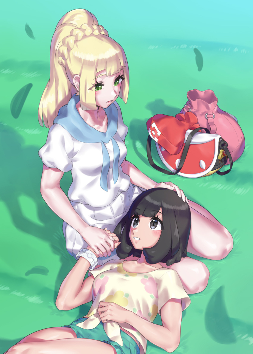 2girls bag black_eyes black_hair blonde_hair bracelet braid day floral_print grass green_eyes highres holding_hands jewelry lap_pillow leaf light_blush lillie_(pokemon) long_hair looking_at_another medium_hair mizuumi_(bb) multiple_girls outdoors pokemon pokemon_(game) pokemon_sm ponytail redrawn selene_(pokemon) shadow shirt short_shorts shorts shoulder_bag skirt smile t-shirt yuri