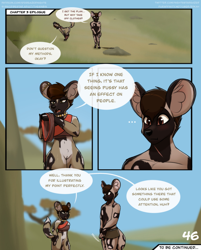 2023 5_fingers african_wild_dog anthro barefoot black_nose blush bottomless bottomless_anthro bottomless_female bottomwear breasts brown_body brown_eyes brown_fur brown_hair butt canid canine claws clothed clothing comic day desert dialogue digital_media_(artwork) duo ear_piercing ellipsis english_text erection erection_under_clothing fangs feet female finger_claws fingers fur genitals hair hi_res hiding_erection hindpaw humanoid_hands industrial_piercing jewelry kee'lo loincloth looking_at_another looking_away male male/female mammal markings multicolored_body multicolored_fur nature navel neck_markings necklace outside page_number paws penis penis_tip piercing pussy sand speech_bubble standing stargazer tail teeth text toes tongue topless topless_anthro topless_male tribal undressing url vega_(stargazer)