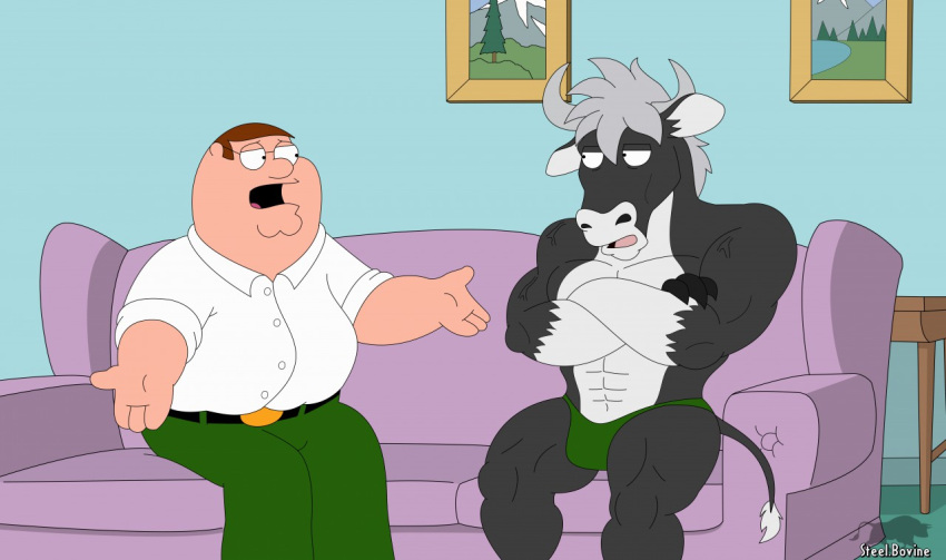 anthro bottomwear bulge clothed clothing duo eye_contact eyewear family_guy furniture glasses horn human living_room looking_at_another male mammal overweight pants peter_griffin sofa the.art.of.white.heart topless underwear