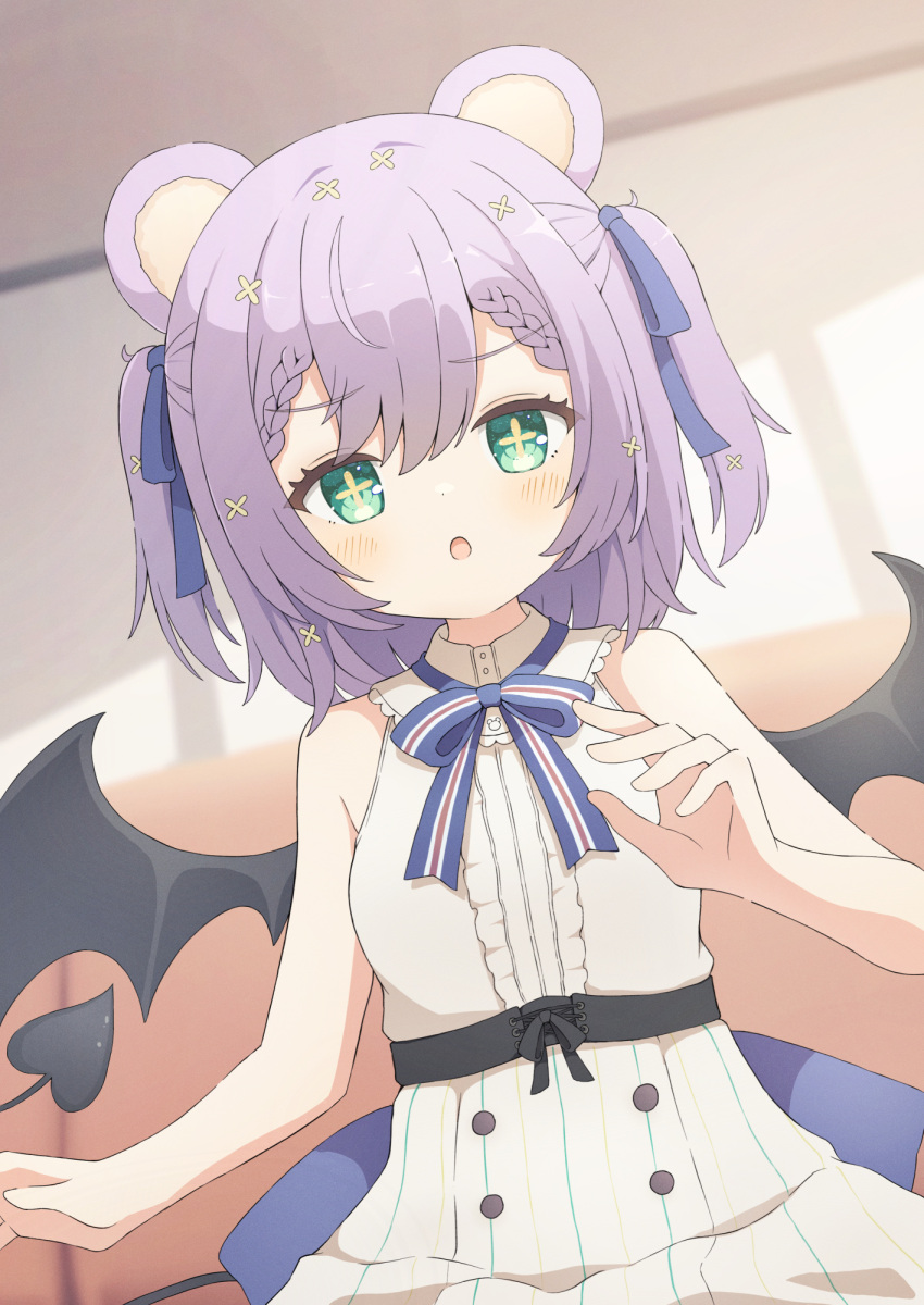 +_+ 1girl :o animal_ears armpit_crease back_bow bare_shoulders bear_ears bear_girl blue_bow blue_ribbon blush bow braid center_frills commission couch demon_tail demon_wings dot_nose dress dutch_angle fang frilled_dress frills furrowed_brow green_eyes hair_ornament hair_ribbon highres indoors looking_at_viewer medium_hair neck_ribbon open_mouth original purple_hair ribbon shadow sidelocks sitting skeb_commission skin_fang sleeveless sleeveless_dress solo striped striped_ribbon tail two_side_up tyakomes upper_body variant_set white_dress wings x_hair_ornament