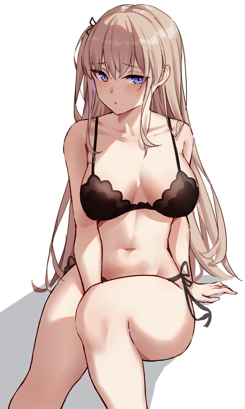 absurdres blue_eyes blush breasts breasts_apart cleavage collarbone commission girls'_frontline highres large_breasts panties pixiv_commission side-tie_panties sitting st_ar-15_(girls'_frontline) thighs underwear yukiaka