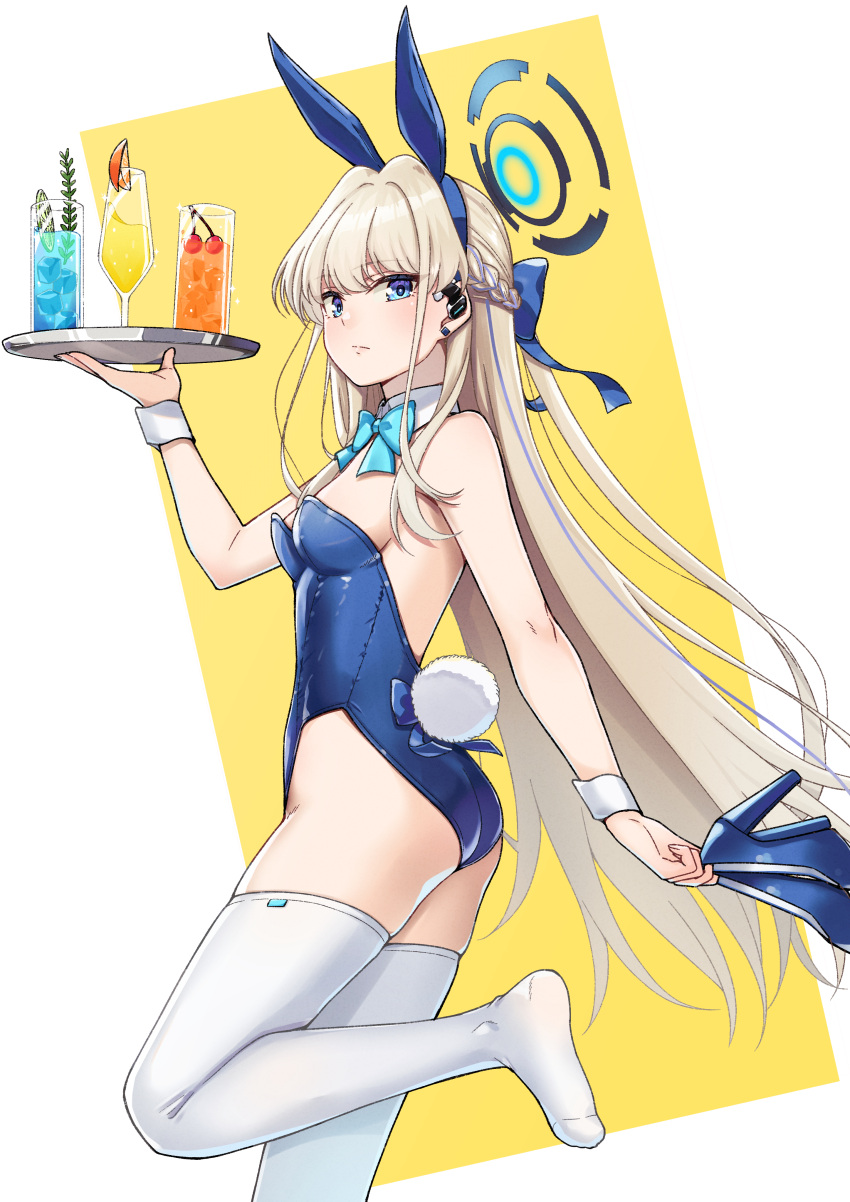 1girl absurdres animal_ears ass bare_shoulders blonde_hair blue_archive blue_bow blue_bowtie blue_eyes blue_leotard blush bow bowtie breasts cup detached_collar drinking_glass fake_animal_ears fake_tail hair_ribbon halo high_heels highres holding holding_tray k-ya. leotard long_hair looking_at_viewer playboy_bunny rabbit_ears rabbit_tail ribbon shoes shoes_removed simple_background solo strapless strapless_leotard tail thighhighs toki_(blue_archive) toki_(bunny)_(blue_archive) tray very_long_hair wrist_cuffs