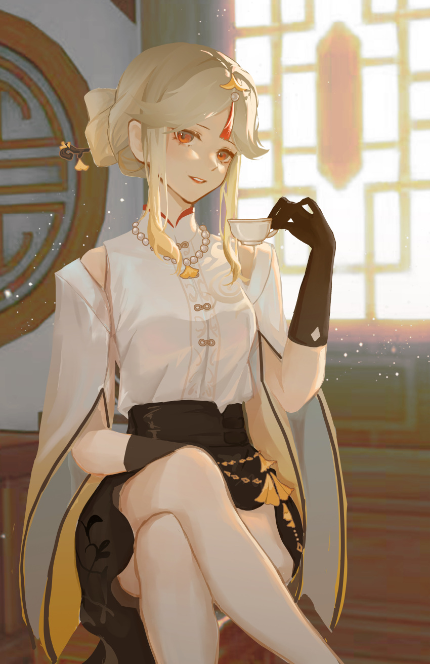 1girl absurdres architecture bare_legs black_gloves black_skirt blonde_hair chinese_clothes clothing_cutout collared_shirt crossed_legs cup earrings east_asian_architecture elbow_gloves feet_out_of_frame floral_print_skirt genshin_impact gloves hair_ornament hair_stick high-waist_skirt highres holding holding_cup indoors jewelry light_particles light_smile mriyak necklace ningguang_(genshin_impact) parted_bangs parted_lips pearl_earrings pearl_necklace red_eyes shirt shoulder_cutout side_slit sidelocks sitting skirt solo tassel tassel_hair_ornament teacup updo white_shirt