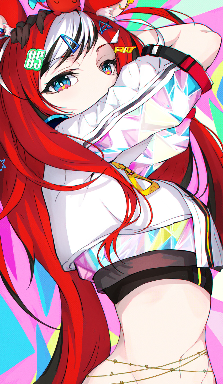 1girl absurdres animal_ear_fluff animal_ears animal_on_head arm_up black_gloves black_hair blue_eyes crop_top cropped_jacket gloves hair_ornament hakos_baelz hand_on_own_head headphones headphones_around_neck highres hololive hololive_english jacket long_hair looking_at_viewer mouse_ears mouse_girl mouse_on_head multicolored_hair on_head puffy_short_sleeves puffy_sleeves red_hair sak1_01 short_sleeves solo star_(symbol) star_hair_ornament streaked_hair virtual_youtuber white_hair white_jacket